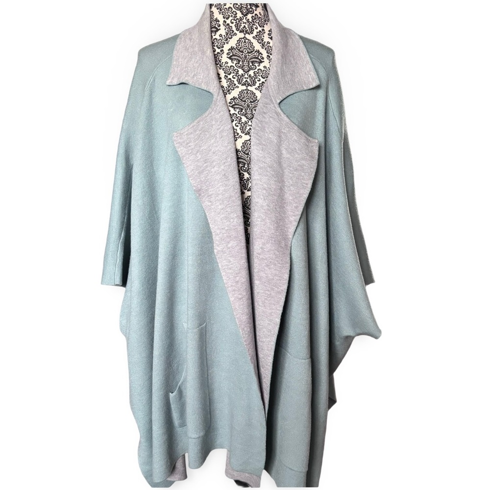 Elegant Teal & Gray Women's Open Front Flowy Knit Poncho Cape 2 Front Pockets 3X